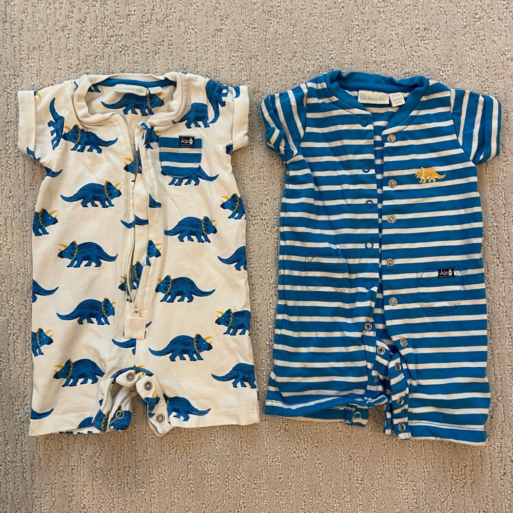 JoJo Maman Bebe Blue and White Dinosaur Bodysuits